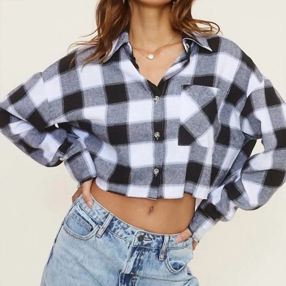 NWT Mimosa Plaid Cropped Raw Hem Button Down Shirt In Black/White - Picture 1 of 2